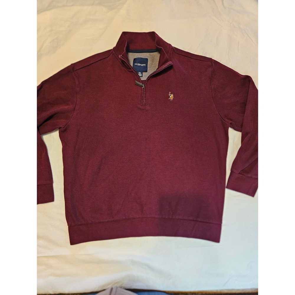 US Polo Assn Mens‎ Burgundy Quarter Zip Sweatshirt Embroidered Pony Logo Size XL